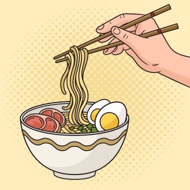 Japon erişteli erişte çorbası yiyen bir adam yemek çubuklarıyla pop sanatının retro el çizimi illüstrasyonunu yapıyor. Çizgi roman tarzı taklit.