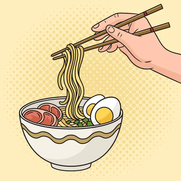 man eating ramen japanese noodle soup with chopsticks pinup pop art retro hand drawn raster illustration. Comic book style imitation.