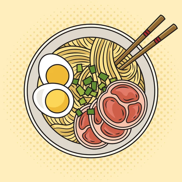 Ramen japanese noodle soup pinup pop art retro hand drawn raster illustration. Comic book style imitation.