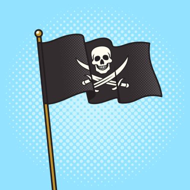 Korsan bayrağı Jolly Roger pop art retro vektör illüstrasyonunu yüklüyor. Çizgi roman tarzı taklit.