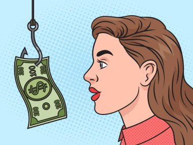 Kadın para tuzağına yakalanmış nakit para metaforu pop sanat retro el çizimi vektör çizimi. Çizgi roman tarzı taklit.