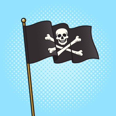 Korsan bayrağı Jolly Roger pop art retro vektör illüstrasyonunu yüklüyor. Çizgi roman tarzı taklit.