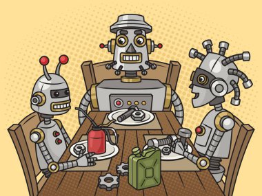 Cartoon Robot Family at the Dining Table pinup pop art retro hand drawn raster illustration. Comic book style imitation.