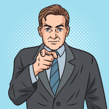 Businessman pointing with index finger pinup pop art retro hand drawn raster illustration. Comic book style imitation.