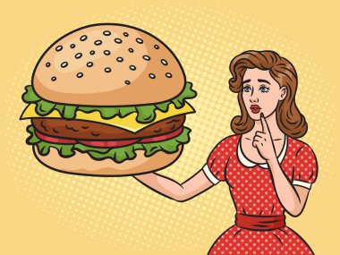 Dev hamburgerci, pop sanatının retro el çizimi illüstrasyonuyla sürpriz bir kız. Çizgi roman tarzı taklit.