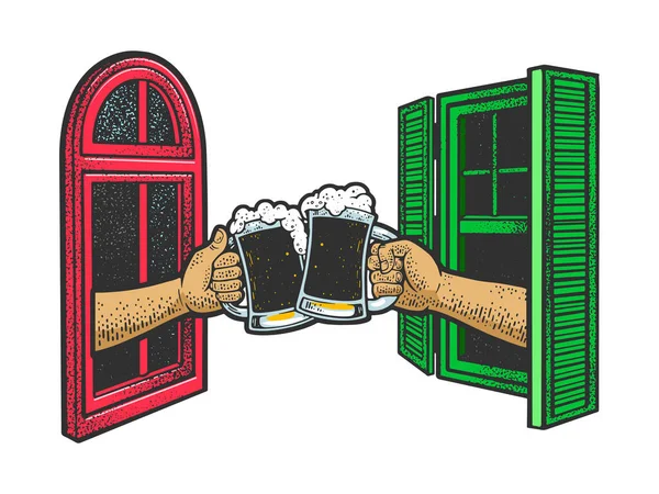 Hands with beer from the windows opposite each other home party sketch hand drawn color engraving raster illustration. T-shirt apparel print design. Scratch board imitation. Black and white