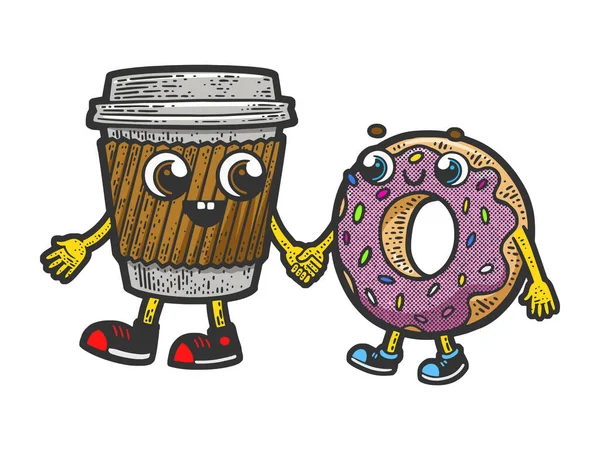coffee and donut friends walking together sketch hand drawn color engraving raster illustration. Scratch board imitation. Black and white hand drawn image.