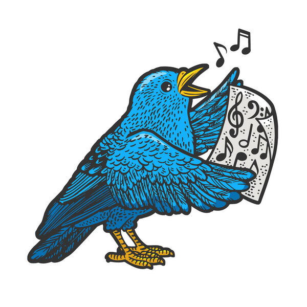 мультяшная птица поет песню по нотам эскиз цветной ручной гравировки векторной иллюстрации. Дизайн одежды для футболок. Имитация Доски Царапин. Черно-белое изображение.