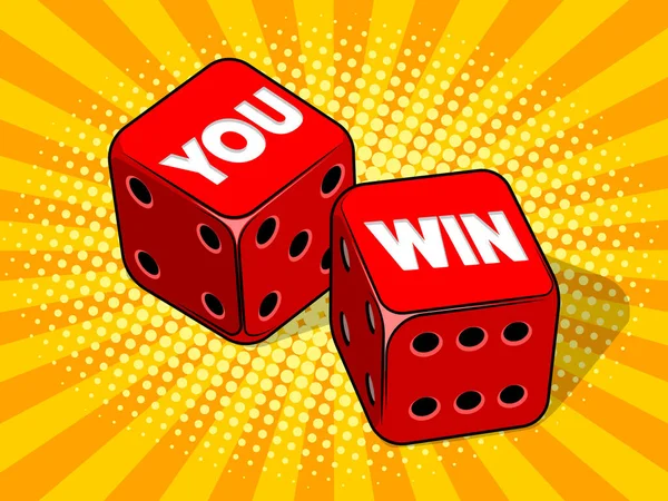 You win on two red dices. Winner concept. Red colorful dice. Pop art style hand drawn color raster illustration.