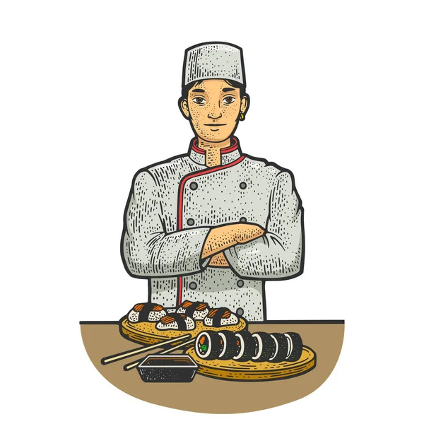 sushi chef sketch hand drawn color engraving raster illustration. T-shirt apparel print design. Scratch board imitation. Black and white hand drawn image.