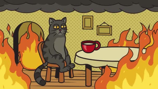 猫在火中迷因这很好 视频动画 手绘漫画风格 高质量的4K镜头 — 图库视频影像