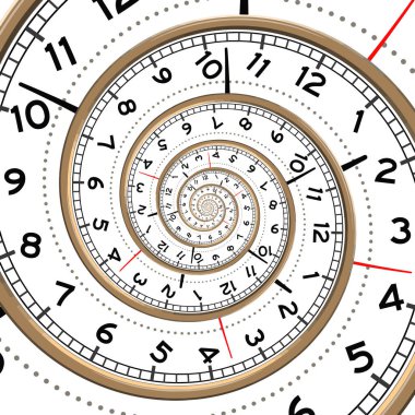 Saat tuşlu spiral. Sonsuzluğun metaforu. Zamanın geçişi. Kısıtlı yaşam süresi. Kavramsal çizim. El çizimi vektör illüstrasyonu.