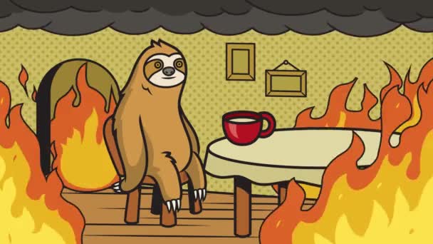 Lazy Sloth Fire Meme Fine Video Animation Hand Drawn Cartoon — Stock Video
