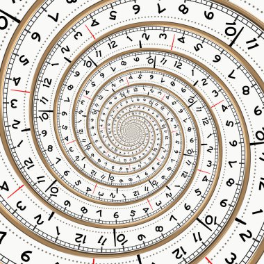 Saat tuşlu spiral. Sonsuzluğun metaforu. Zamanın geçişi. Kısıtlı yaşam süresi. Kavramsal çizim. El çizimi raster çizimi.