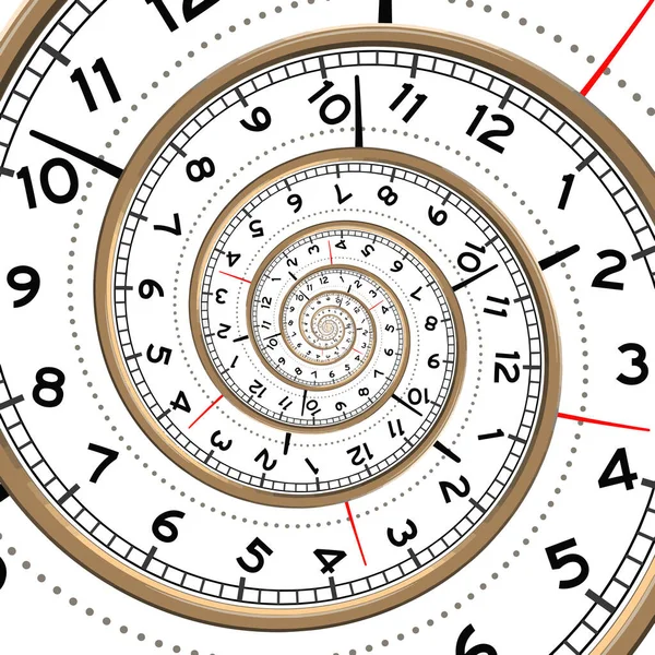Spiral with clock watch dial. Metaphor of infinity of time. Transience of time. Limited life time. Conceptual illustration. Hand drawn raster illustration.