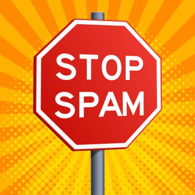 Sarı çizgi roman arka planında kırmızı konserve jambonu işareti. Kavramsal çizim. Pop sanat tarzı el çizimi renk vektörü çizimi.