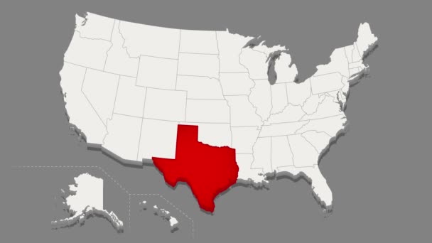 Stan Teksas Podświetlony Czerwienią Minimalistyczny Mapa Usa Biel Ciemny Tło — Wideo stockowe