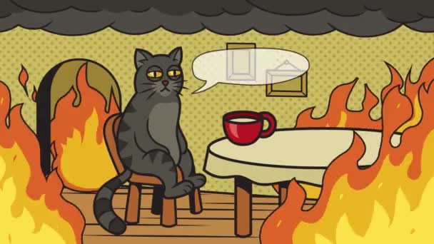 Cat Fire Meme Fine Text Bubble Video Animation Hand Drawn — Stock Video