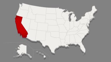 Kaliforniya eyaleti, Amerika 'nın koyu arkaplanda beyazlı minimalist haritasında kırmızıyla işaretlenmiştir. İnce ve temiz çizgiler. Video animasyonu. Yüksek kalite 4k görüntü