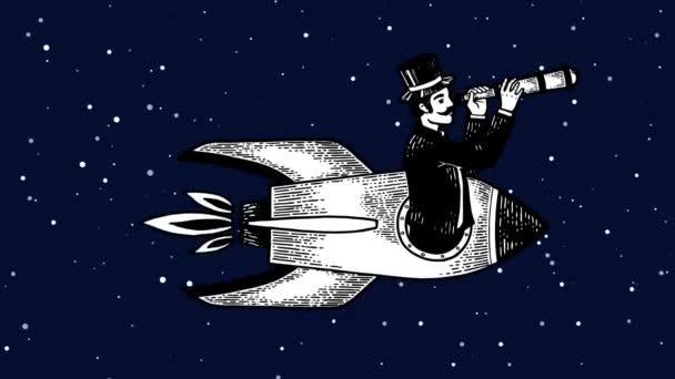 Old Fashioned Gentleman Flies Rocket Looks Telescope Sketch Engraving Style — Stock Video