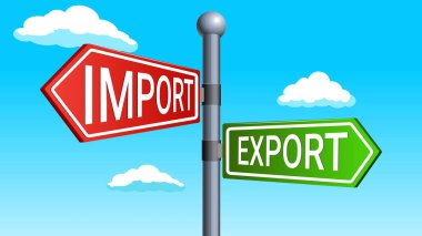 Kırmızı yeşil oklar mavi gökyüzü arka planında ithalat kavramsal illüstrasyon imzalarlar. Vektör illüstrasyonu