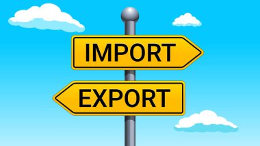 Sarı oklar mavi gökyüzü arka planında ithalat ihracat kavramsal illüstrasyon imzalarlar. Vektör illüstrasyonu