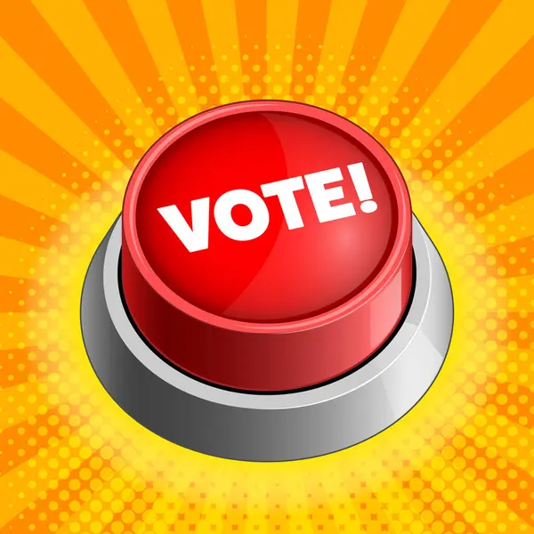 Voteという言葉の鮮やかな赤いボタンは 黄色の背景ベクトルのイラストに光沢のある金属の基盤を強調しました コンセプトイラスト 手描きカラーベクターイラスト — ストックベクタ