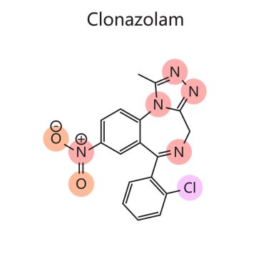 Klonazolam diyagramının kimyasal organik formülü el çizimi şematik raster çizimi. Tıp bilimi eğitimsel illüstrasyon