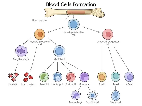 Hematopoyesis Humana Formación Células Sanguíneas Médula Ósea Células Madre Hematopoyéticas — Archivo Imágenes Vectoriales