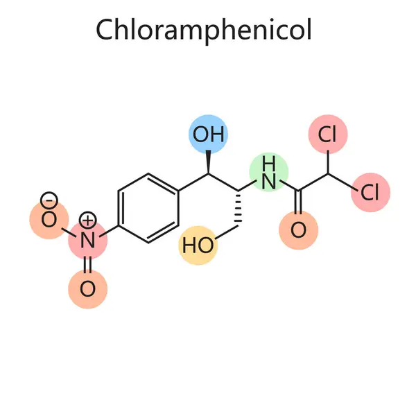 Fórmula Química Orgánica Molécula Cloranfenicol Destacando Estructura Atómica Diagrama Enlaces — Archivo Imágenes Vectoriales