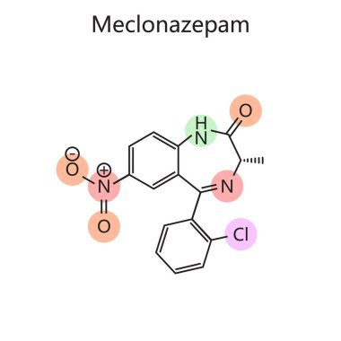 Meclonazepam diyagramının kimyasal organik formülü el çizimi şematik raster çizimi. Tıp bilimi eğitimsel illüstrasyon