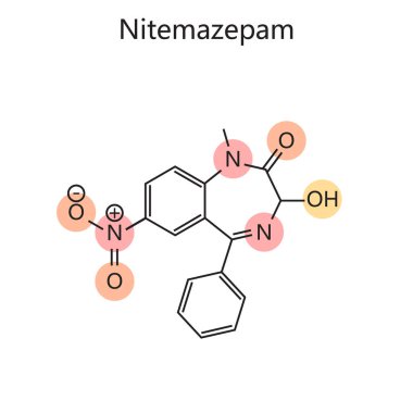 Nitemazepam diyagramının kimyasal organik formülü el çizimi şematik vektör çizimi. Tıp bilimi eğitimsel illüstrasyon