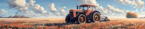 stock image Vintage red tractor in a vast, sunlit farm field with scattered clouds in the sky, depicting rural agricultural life. Generative ai raster illustration. Pop art comic book style imitation