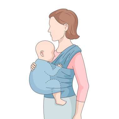 Anne, bebeğini yumuşak ambalajlı bir taşıyıcı kullanarak, elsiz destek ve el yapımı şematik vektör çizimi sağlayarak taşıyor. Tıp bilimi eğitimsel illüstrasyon