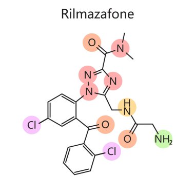 Rilmazafone diyagramının kimyasal organik formülü. El çizimi şematik raster çizimi. Tıp bilimi eğitimsel illüstrasyon