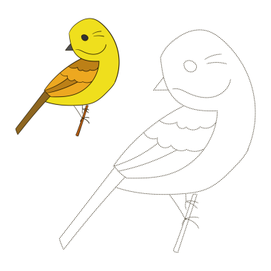 Noktaları birleştir oyunu sarı çekiç kuş çizgi filmi karalama el çizimi PNG illüstrasyonu