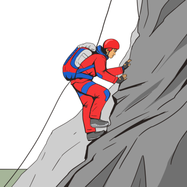 Erkek tırmanışçı pop sanat tarzı PNG illüstrasyonu. İnsan illüstrasyonu. Çizgi roman tarzı taklit. Eski usul. Kavramsal resimleme