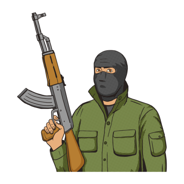 Makineli tüfekli bir terörist sanat eseri olan PNG illüstrasyonu. İnsan illüstrasyonu. Çizgi roman tarzı taklit. Eski usul. Kavramsal resimleme