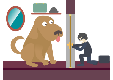 Hırsız, büyük bir bekçi köpeğinin onu beklediği kapıyı kırıyor. Komik karikatür renkli PNG çizimi