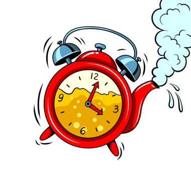 Çaydanlıktaki çalar saat, içinde çay falı ve eski PNG çizimi var. Çizgi roman tarzı taklit.