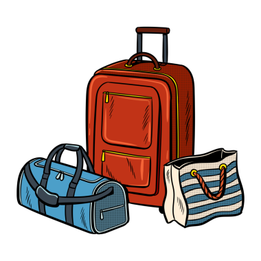Seyahat çantaları eski PNG resimlerini gösteriyor. Çizgi roman tarzı taklit.