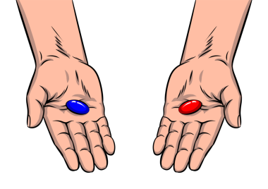 Kırmızı ve mavi haplı eller pop sanat retro PNG illüstrasyonu. Tercih metaforu. Çizgi roman tarzı taklit.