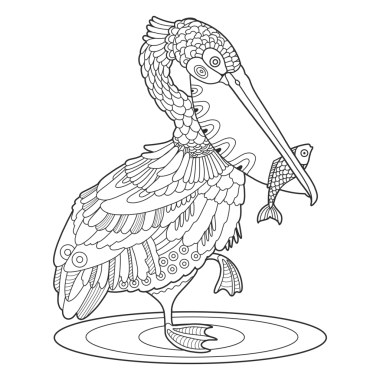 Balık boyama kitabı PNG resimli pelikan kuşu. Siyah ve beyaz çizgiler. Dantel deseni