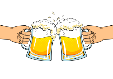 Ellerinde bira kupaları olan şeffaf arka planlı eski PNG resimleri olan eller. Kadehleri çırp. Çizgi roman tarzı taklit.