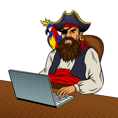 Korsan dizüstü bilgisayar pop sanat retro PNG çizimi. İnternetteki korsanlık. Çizgi roman tarzı taklit.