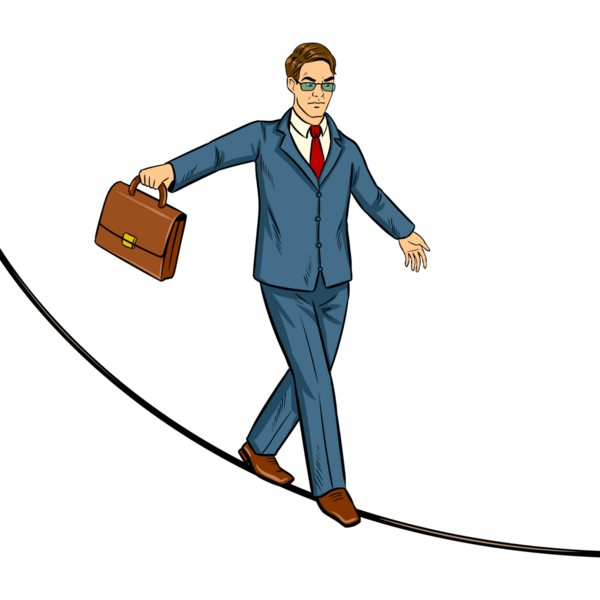 İş adamı halat pop sanat retro PNG illüstrasyonunda dengede duruyor. Çizgi roman tarzı taklit.