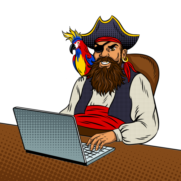 Korsan dizüstü bilgisayar pop sanat retro PNG çizimi. İnternetteki korsanlık. Çizgi roman tarzı taklit.