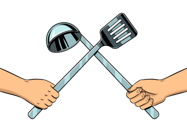 Mutfak gereçlerine savaş. Popüler sanat retro PNG illüstrasyonu. Çizgi roman tarzı taklit.