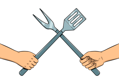 Mutfak gereçlerine savaş. Popüler sanat retro PNG illüstrasyonu. Çizgi roman tarzı taklit.