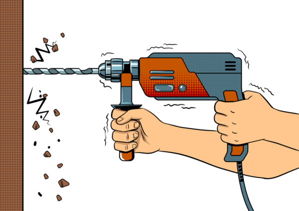 El sondajı duvarı kaya matkapla deldi. Popüler sanat retro PNG çizimi. Çizgi roman tarzı taklit.